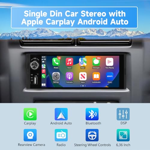 6.36 inch Single Din Car Stereo with CarPlay&Android Auto HD IPS Touchscreen Radio with Bluetooth 5.0, 720P BackupCamera with 6M Cable, Support USB Type-C Charging/USB/Microphone/FM/EQ/GPS/SWC