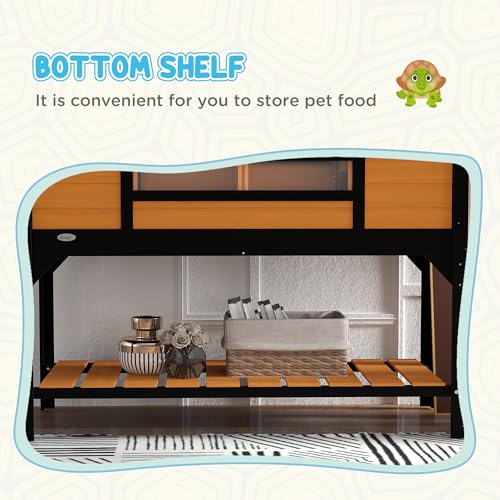 PawHut Tortoise Habitat with Adjustable Lamp Holder, Wooden Tortoise Enclosure with Storage Shelf, Dual Main Houses, Attached Tray, Openable Lid, Yellow