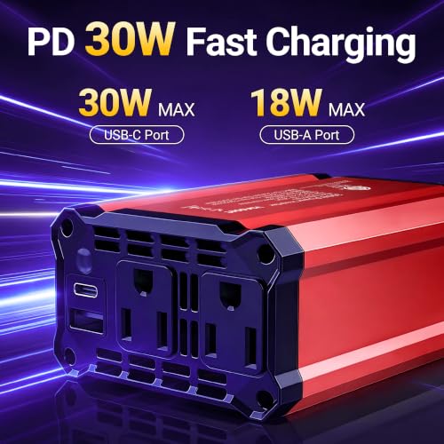 300W Car Power Inverter, DC 12V to 110V AC, PD30W QC18W 2 Outlets - color: Red-300W