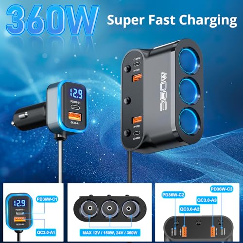 Qidoe 9 in1Cigarette Lighter Splitter,360W 3 Socket Car Charger Adapeter,3*PD&QC 108W,12V/24V Car Socket Adapter with Independent Switches & LED Voltage Display for All Car Devices