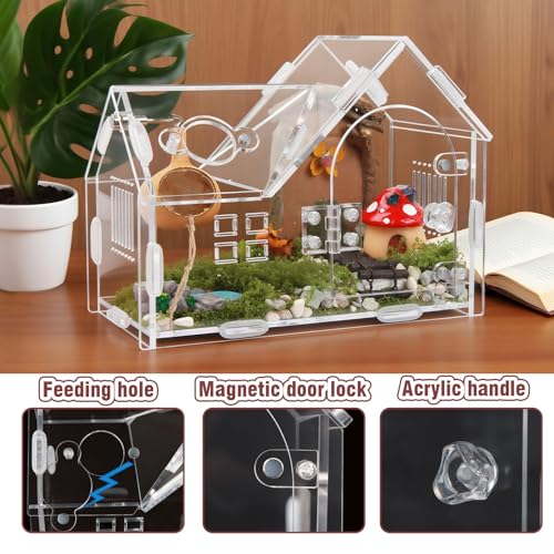 Acrylic Jumping Spider Terrarium with Magnetic Lock – 5.6” Tall Transparent Enclosure for Tarantulas, Hermit Crabs & Small Insects – Secure Ventilated Habitat with Easy Snap Assembly - size: 7.1 x 3.6 x 5.6 inches