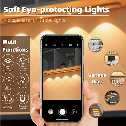 GARTO LED Under Cabinet Lights, Long Size Motion Sensor Hill Effect Closet Light, USB Rechargeable Under Counter Lights for Kitchen Wardrobe Stairs Bedroom Trunk