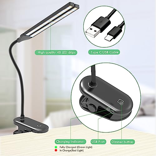 LED Reading Light with Clip, Desk Lamp 48 LEDs 2600mAh Battery USB Rechargeable Book Lights Stepless Adjustable Brightness Eye Protection Table Lamps for Bed Headboard, Home, Office - Black - color: Black