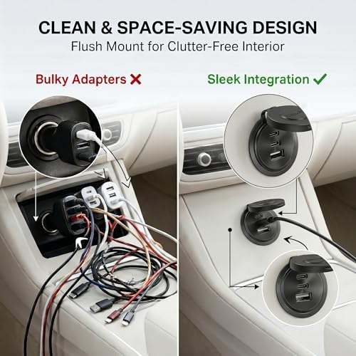 2PCS Aluminum Alloy 12V/24V RV USB Outlet 90W 3 Ports Recessed Mount - color: Deep Black, size: 2P