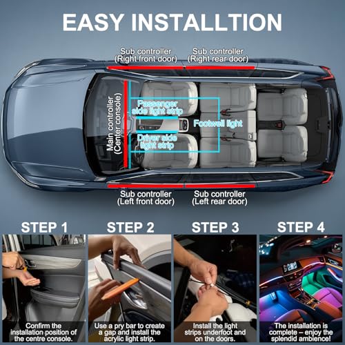 Dreamcolor Acrylic Interior Car LED Strip Lights, 6 in 1 Ambient Lighting Kit with Wireless APP, Dynamic Chasing Music Sync Fiber Optic Lights with DIY Mode, Car Inside Lighting Accessories