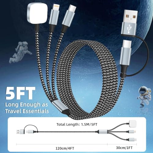 Travel Essentials 3 in 2 Multi Charging Cable for iWatch Charger/iPhone17-8 - color: Greywhite, size: 2Pack 5FT