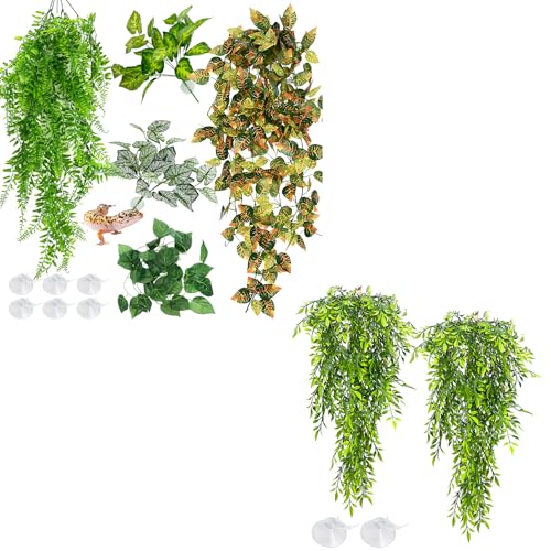 Hamiledyi 5 Pcs Reptile Plants Terrarium Hanging Fake Plant Leaves and Tank Habitat Decorations 2 PCS Terrarium Hanging Plants for Lizard, Snake, Bearded Dragon, Leopard Gecko