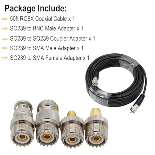 exgoofit RG8X Coaxial Cable 50ft, CB Coax Cable + UHF SO239 Female to SMA/UHF/BNC Adapter 4-Pack for Amateur, CB Radio, SWR Meter