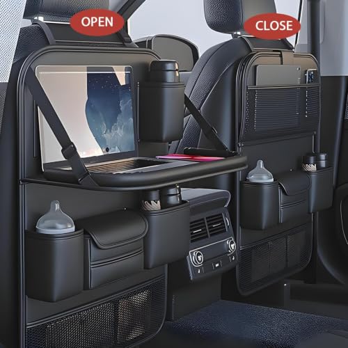 2 Pack Leather Car Backseat Organizer with Foldable Table Tray, Universal Car Seat Back Protector Kick Mat with Touchscreen Tablet Holder, Storage Pockets, Cup Holders & Tissue Holder, Black - color: Black