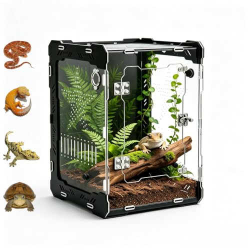 10"x10"x14" Acrylic Reptile Enclosure for Crested Gecko, 6 Gallon Escape-Proof Easy Assembly Large Floor Space, Front Opening Lizard Habitat for Leopard Gecko, Snake, Frog, Small Invertebrates