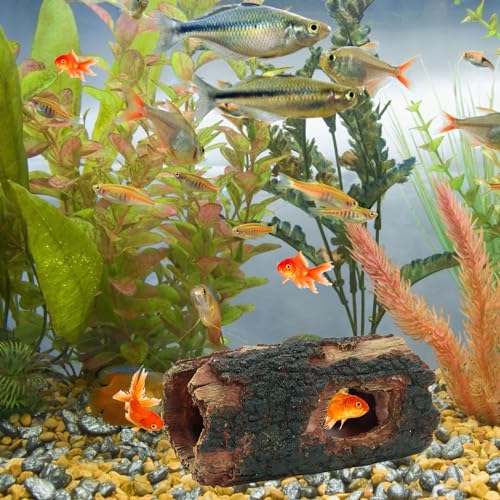 3 pcs Large Reptile Hide Cave Set with Food & Water Bowls. Natural Resin Hollow Tree Trunk Hideout. Reptile and Fish Tank Accessories for Geckos, Lizards, Snakes and Hermit Crabs