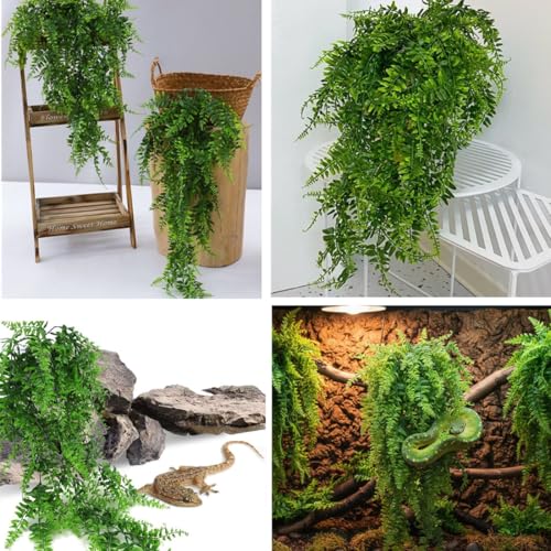 Jilukibo 4 Pack Reptile Hanging Fake Vines, Artificial Boston Fern Terrarium Plants with Suction Cup, Safe Naturalistic Tank Habitat Decor for Bearded Dragon Lizard Snake Gecko Chameleon Hermit Crab