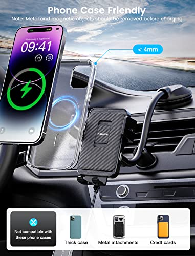Wireless Car Charger, MOKPR 15W Fast Charging Car Mount Auto-Clamping Car Charger, Dashboard Windshield Phone Holder Compatible with iPhone 16 15/14/13/13 Pro/12 Pro12/11/X, Samsung S23/S22/S10/S9/S8
