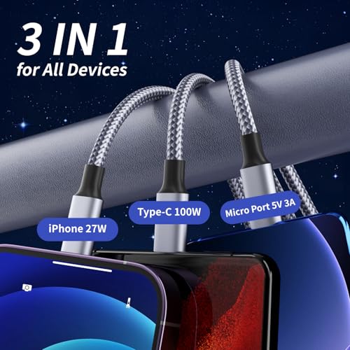 100W USB C Multi Charging Cable, 3 in 1, 5FT, 1Pack - color: USB C-Grey 100W-1Pack