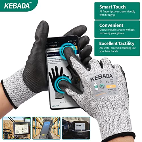 Kebada Cut Resistant Gloves, ANSI A2 Cutting Glove, PU Coated, Touchscreen, Multi-Purpose Model C2, 1 Pair, Medium - color: Grey, size: 8/Medium