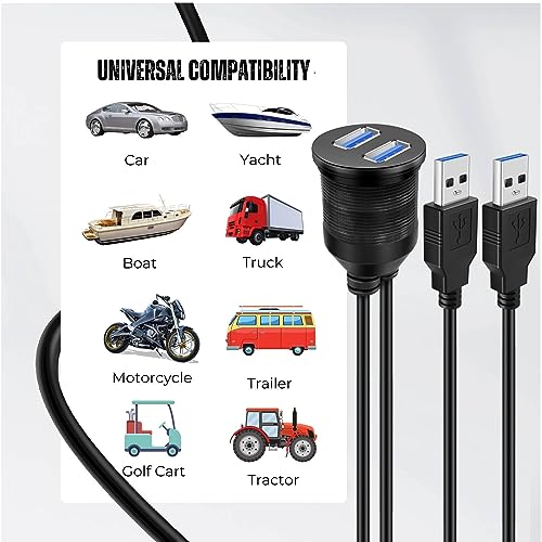 TNP Dual USB 3.0 Flush Panel Mount Extension Cable for Car Dash, 6 ft - size: 2 Ports USB3.0 (6 Feet)
