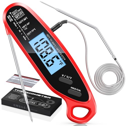 Instant Read Meat Thermometer Digital with Dual Probe, Food Thermometer for Cooking & Grilling, Large Backlit & Calibration, for Kitchen/Oven/Grill/Smoker/BBQ/Candy/Oil Fry, Gifts for Men & Dad - color: Red