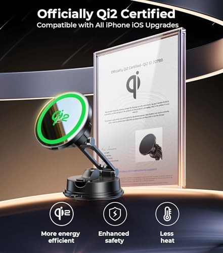Certified Qi2 Car Phone Mount Charger for MagSafe, 360° Adjustable & Folding Arm, Universal Dashboard Windshield Mirror Screen Magnetic Holder for Tesla Model 3/Y Accessories & iPhone 17/16/15 Pro Max - size: Dash+Screen+Qi2 Charger