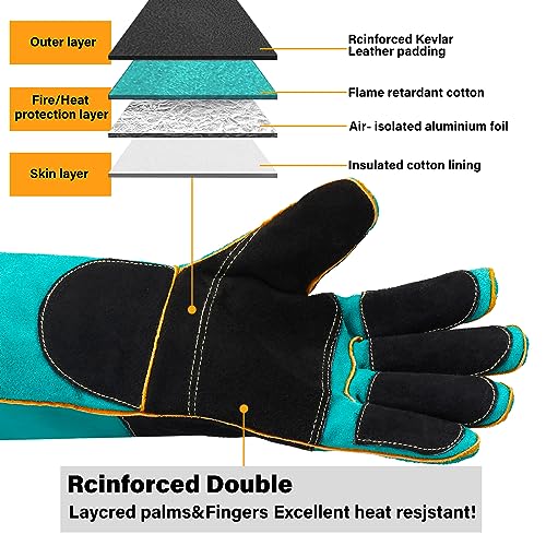 AOWPFVV 23.6 Inches Leather Animal Handling Gloves, Bite Proof Gloves for Dog Cat Bird Falcon Grabbing Reptile Squirrel Snake(Large) - color: Light Green +Black Padding Size Large 23.6in