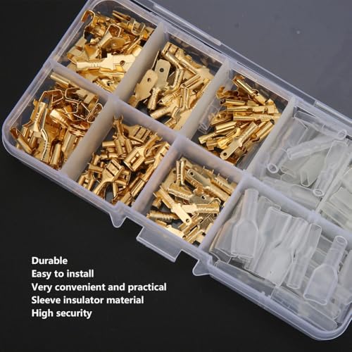 Wire Connectors – Gold Spring Brass Male and Female Connectors Kit with Insulation Sleeves for Automotive Car Wiring, 6.3/4.8/2.8mm Crimp Terminals