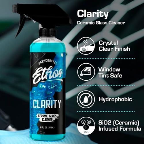 Ethos Clarity V2 – Ceramic Glass Cleaner & Windshield Water Repellent | Streak-Free Auto Glass Cleaner for Car Windows, Mirrors & Tinted Glass | Hydrophobic Protection - size: 16 Fl Oz (Pack of 1)