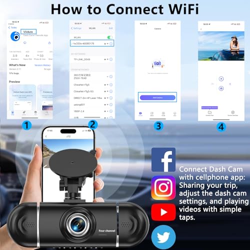 4 Channel Dash Cam Front and Rear Left Right, 360° View 1080P Car Security Dash Camera, Super Night Vision, G-Sensor,170° Wide Angle, Loop Recording, 24H Parking Monitor,WiFi&APP Control, 64GB SD Card - size: 4Channel Dash Cam 1080P