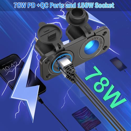 Upgraded 78W 3 Port 12V 24V USB Outlet Cigarette Lighter Socket Panel, Dual 30W PD and QC3.0 Multi Port Cylinder Charger with Button Switch and 150W Lighted Socket 2 in 1 DIY Kit for Car Boat RV, etc.