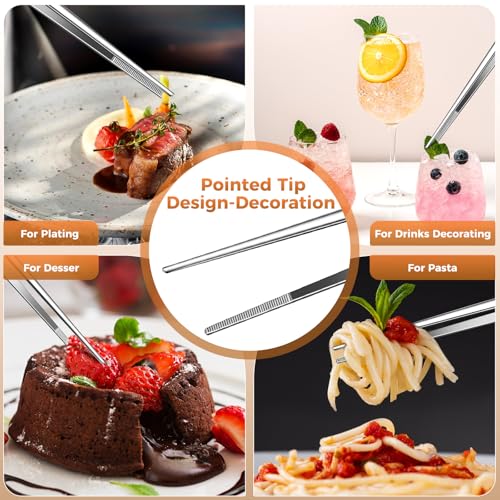 12 Inch Kitchen Tweezer Tongs, 2 PCS Stainless Steel Round & Precision Pointed Tip Extra Long Tweezers Multi-Use Kitchen Tweezers for Cooking, BBQ, plating, Grilling & Food Prep