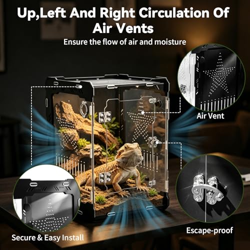 10"x10"x14" Acrylic Reptile Enclosure for Crested Gecko, 6 Gallon Escape-Proof Easy Assembly Large Floor Space, Front Opening Lizard Habitat for Leopard Gecko, Snake, Frog, Small Invertebrates