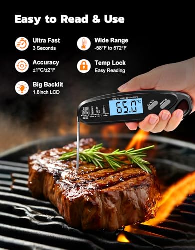 Instant Read Meat Thermometer Digital with Dual Probe, Food Thermometer for Cooking, Baking & Grilling, Large Backlit & Calibration, Grill Thermometer for Outside/Kitchen/Oven/Smoker, Bakeware - color: Black