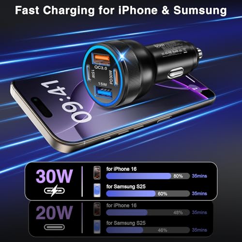 USB C Car Charger, 3Pack 65W 4-Port Dual USBC & USB-A Car Charger Adapter - color: 3-Pack Black