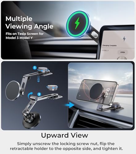Tesla Phone Mount Qi2 Charger for iPhone MagSafe 【Hidden Foldable Design】 15W Wireless Charging, Universal Car Magnetic Dashboard Phone Holder, Tesla Model 3/Y/Cybertruck Accessories - size: Screen+Charger