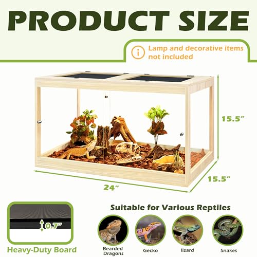 PROLEE Reptile Tank, 31 Gallon Beard Dragon Tank, Tempered Glass Reptile Encloure and Snake Tank with Locking Design for Lizard,Gecko,Chameleon (24"X15.5"X15.5",Oak) - color: Oak, size: 31 Gallon (24x15.5x15.5 Inch)