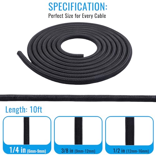 1/4" - 10Ft Split Braided Cable Sleeve, Wire Loom Tubing, Black - size: 1/4" - 10Ft