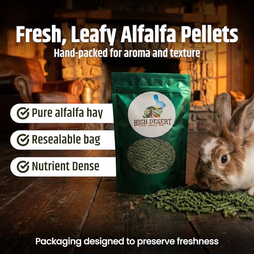 High Desert Delight Alfalfa Pellets, Protein Rich Small Animal Food for Young Rabbits Guinea Pigs and Small Pets, Natural Fiber Alfalfa Hay Pellets for Digestive Health, Fresh Hand Packed 63 oz Bag - size: 4 Pound (Pack of 1)