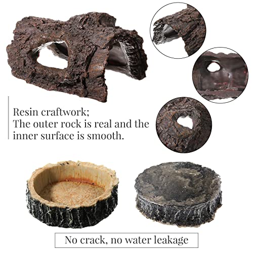 Reptile Hide & Food Bowls - Lizard Resin Hollow Tree Trunk Hideout, Bearded Dragon Tank Accessories - Water Dish Habitat Tank Decoration for Lizards, Snake, Gecko - 3 Pcs (Brown Rock)