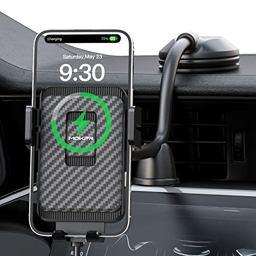 Wireless Car Charger, MOKPR 15W Fast Charging Car Mount Auto-Clamping Car Charger, Dashboard Windshield Phone Holder Compatible with iPhone 16 15/14/13/13 Pro/12 Pro12/11/X, Samsung S23/S22/S10/S9/S8