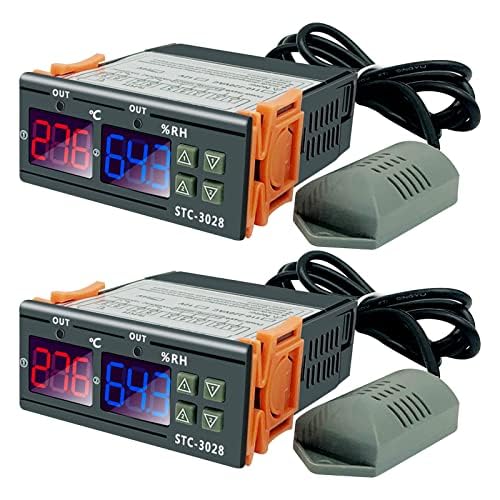 2Pcs All-Purpose Intelligent Digital Display Temperature and Humidity Controller with Dual Displays and Relay Outputs STC-3028 10A AC110~220V for Incubator Brooder Refrigerator Fermenter Greenhouse