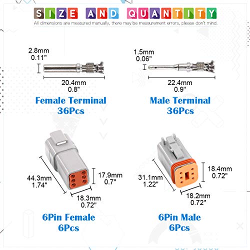 Glarks 78Pcs 6 Pin Way Sealed Gray Male and Female Auto Waterproof Electrical Wire Connector Plug 22-16AWG Connector for Motorcycle, Scooter, Car, Truck, Boats - size: 6 Pin