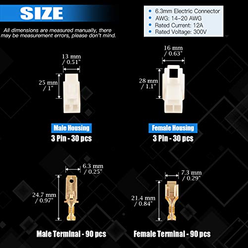 Glarks 240Pcs 6.3mm 3 Pin Way Electrical Automotive Wire Connector Male Female Socket Plug and Terminals Kit for Motorcycle, Bike, Car, Boats (30Set 6.3mm 3P) - size: 30Set 6.3mm 3P