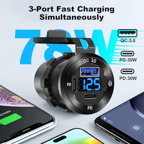 12V USB Outlet 3 Port PD+QC Waterproof Car Charger Switch Voltmeter Marine - size: Dual PD+QC3.0