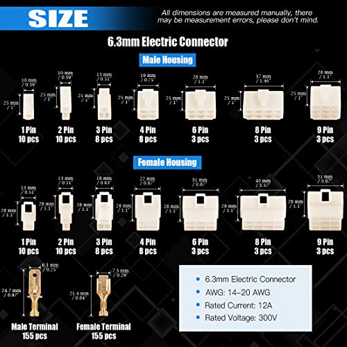 Glarks 400Pcs 6.3mm 1 2 3 4 6 8 9 Pin Electrical Automotive Wire Connector Male Female Socket Plug and Pin Header Crimp Wire Terminals Kit for Motorcycle, Bike, Car, Boats - size: 400Pcs 1 2 3 4 6 8 9 Pin