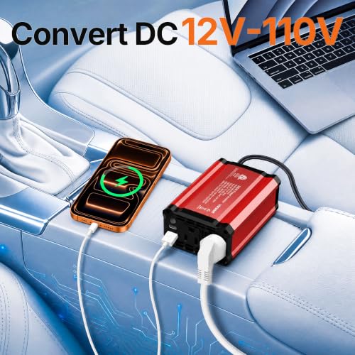 300W Car Power Inverter, DC 12V to 110V AC, PD30W QC18W 2 Outlets - color: Red-300W