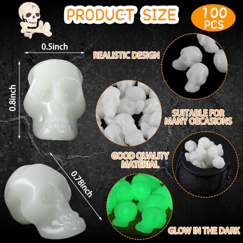 CCINEE 100Pcs Glow in The Dark Mini Skull Heads Miniature Figurines - Plastic Halloween Decorations for DIY Crafts, Home Prank Props, Party Favors