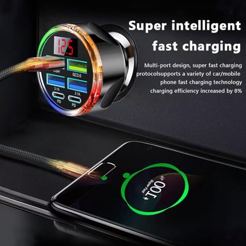 Super Fast Charge USB C Car Phone Charger Adapter 6 in 1 with Voltage Display, 250W Multi Port Cigarette Lighter USB Charge for iPhone 17 16 15 14 13 12 11 Samsung Galaxy Huawei Oneplus Oppo Vivo