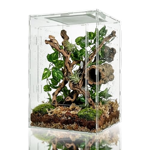 12" x 12" x 18" Reptile Enclosure, Clear Acrylic Terrarium with Front Opening Doors, Screen Top Ventilation, Secure Lock for Arboreal Reptiles - color: Clear