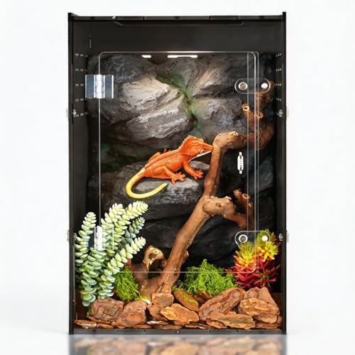 12" x 12" x 18" Reptile Enclosure, Black PVC Terrarium with Front Opening Doors, Screen Top Ventilation, Secure Lock for Arboreal Reptiles - color: Black
