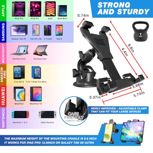 Heavy Duty Tablet Mount Truck, Car Tablet Holder for Dashboard and Windshield, iPad Holder Car Suction Mount up to 12.9",and for iPad, Galaxy Tab