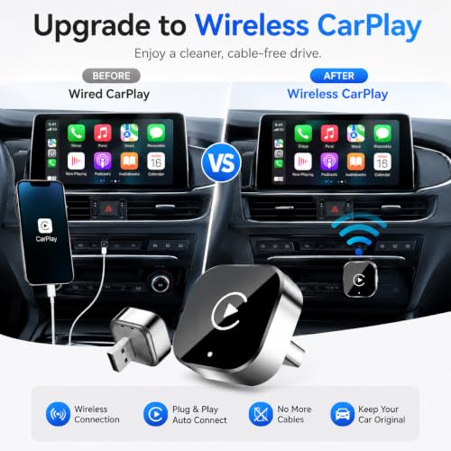 Wireless CarPlay Adapter, 2-in-1 Wired to Wireless CarPlay and Android Auto, Plug and Play, Fast Auto Reconnect, Mini Dongle with USB-A to USB-C Adapter