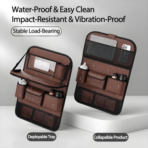 2 Pack Leather Car Backseat Organizer with Foldable Table Tray, Universal Car Seat Back Protector Kick Mat with Touchscreen Tablet Holder, Storage Pockets, Cup Holders & Tissue Holder, Brown - color: Brown